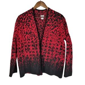 Chico's Cardigan Sweater Red Black Leopard Print‎ Open Front Size 2 L